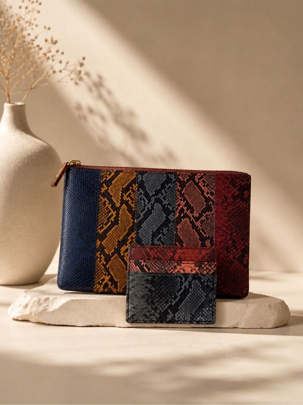 NWOT Madewell Multicolor Snakeskin Leather Pouch & Card Holder Set Colorblock Py